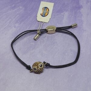 Fossil Adjustable Owl Bracelet Leather Cord Rhinestone Owl Charm